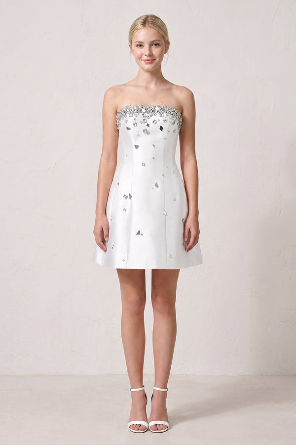 White Rhinestones Satin Strapless A-Line Homecoming Dress (3) | KISSPROM