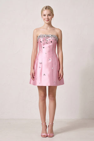 Candy Pink Rhinestones Satin Strapless A-Line Homecoming Dress (3) | KISSPROM