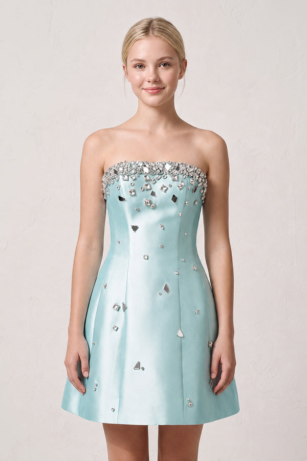 Aqua Rhinestones Satin Strapless A-Line Homecoming Dress | KISSPROM