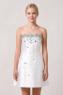 White Rhinestones Satin Strapless A-Line Homecoming Dress | KISSPROM
