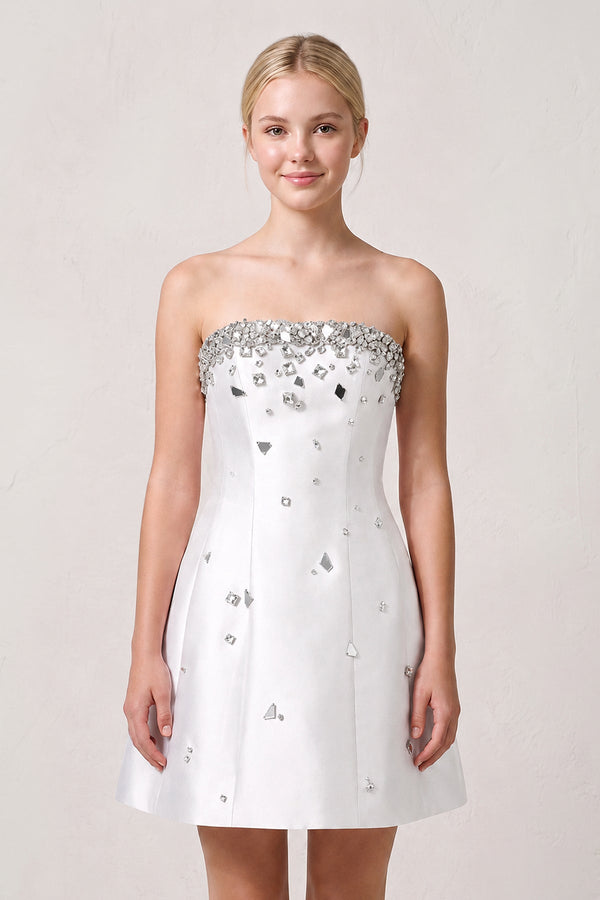 White Rhinestones Satin Strapless A-Line Homecoming Dress | KISSPROM
