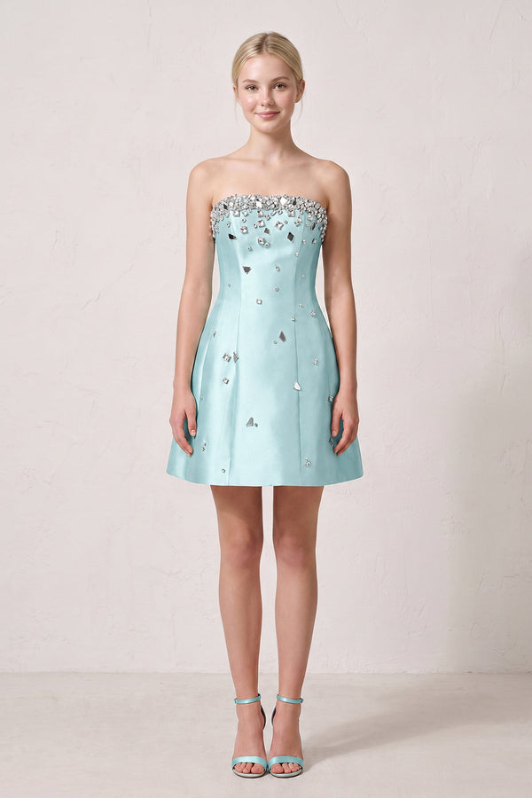 Aqua Rhinestones Satin Strapless A-Line Homecoming Dress (2) | KISSPROM