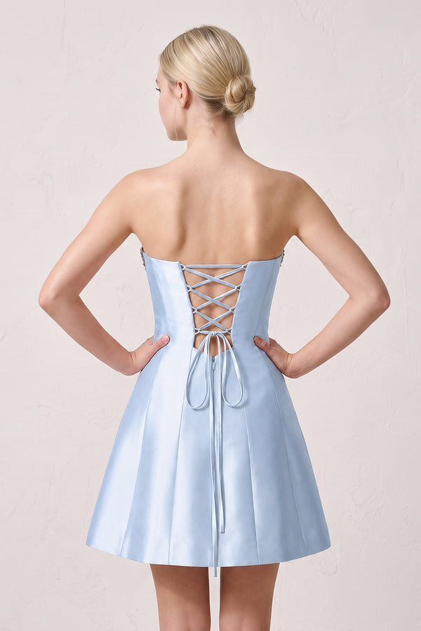 Sky Blue Rhinestones Satin Strapless A-Line Homecoming Dress (2) | KISSPROM