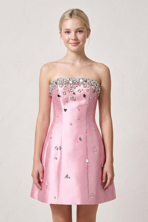 Candy Pink Rhinestones Satin Strapless A-Line Homecoming Dress | KISSPROM