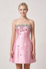 Candy Pink Rhinestones Satin Strapless A-Line Homecoming Dress | KISSPROM