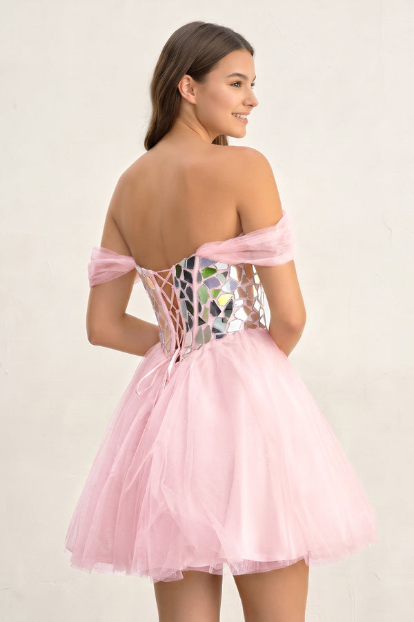 Candy Pink Temmie | Off-the-Shoulder Short Party Dress with Cut Glass Mirrors (2) | KISSPROM