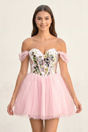 Candy Pink Temmie | Off-the-Shoulder Short Party Dress with Cut Glass Mirrors | KISSPROM