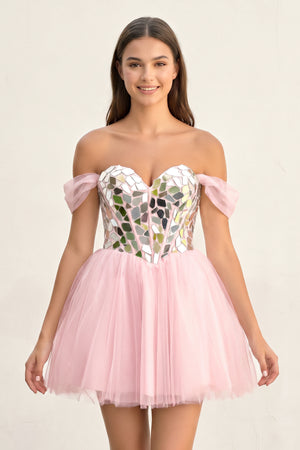Candy Pink Temmie | Off-the-Shoulder Short Party Dress with Cut Glass Mirrors | KISSPROM