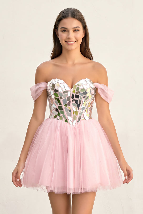 Candy Pink Temmie | Off-the-Shoulder Short Party Dress with Cut Glass Mirrors | KISSPROM