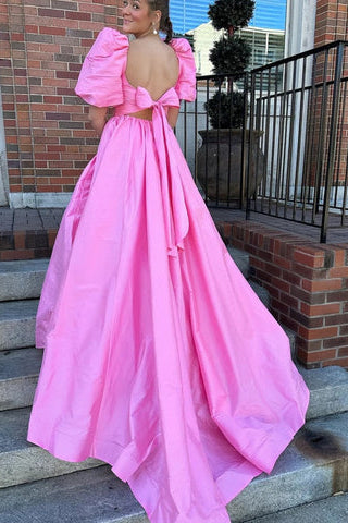 Lynette | Square Neck Fuchsia Puff Sleeves A-Line Prom Dress