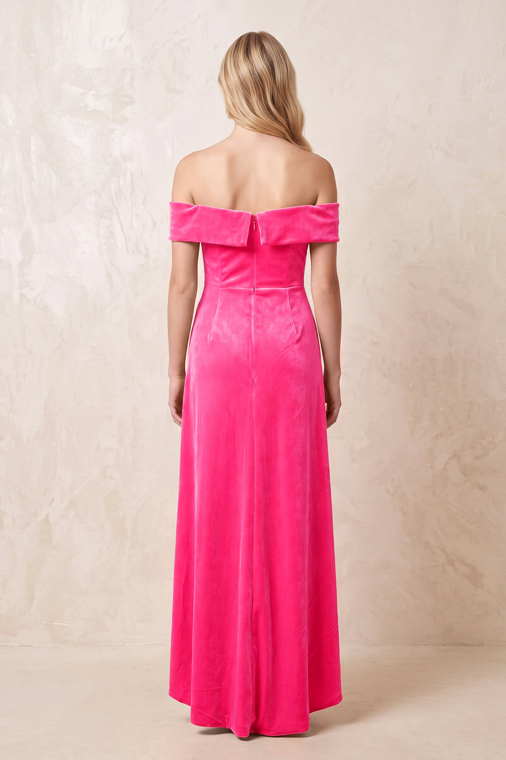 Candy Pink Off-the-Shoulder Sheath Velvet Midi Bridesmaid Dress - KISSPROM