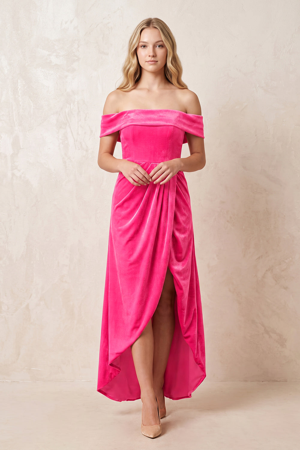 Candy Pink Off-the-Shoulder Sheath Velvet Midi Bridesmaid Dress - KISSPROM