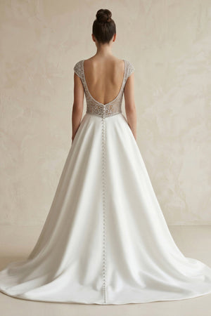 Cap Sleeve A - Line Beaded Satin Wedding Gown in White - KissProm Wedding Dresses