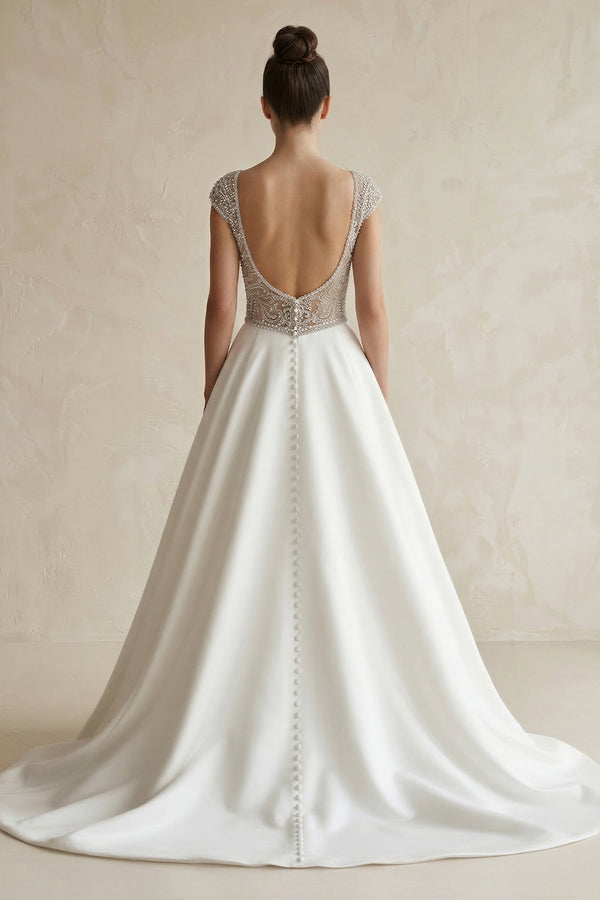 Cap Sleeve A - Line Beaded Satin Wedding Gown in White - KissProm Wedding Dresses