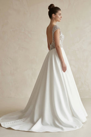 Cap Sleeve A - Line Beaded Satin Wedding Gown in White - KissProm Wedding Dresses