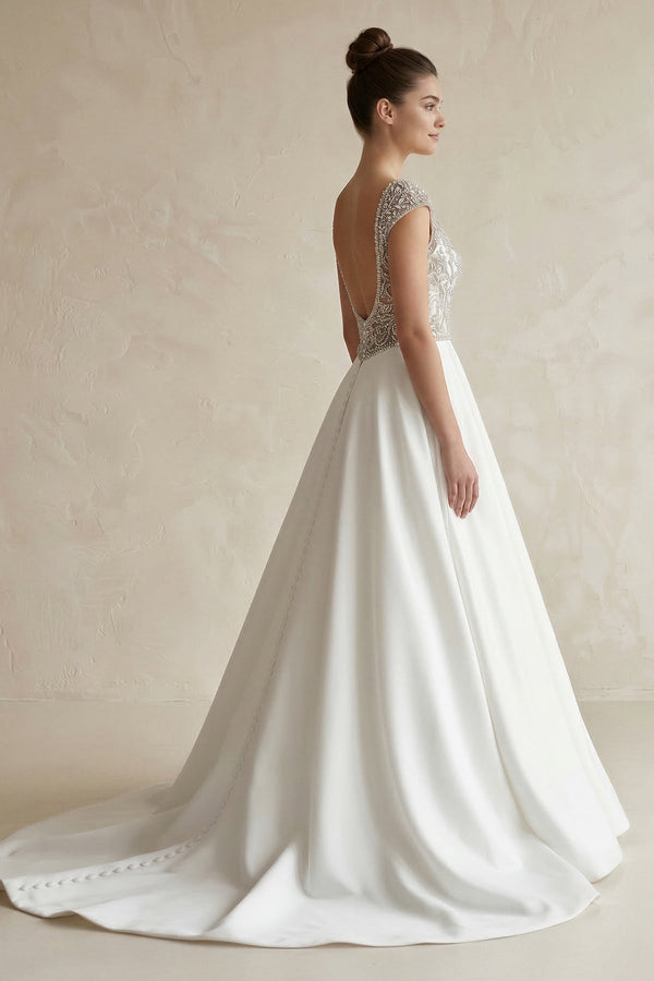 Cap Sleeve A - Line Beaded Satin Wedding Gown in White - KissProm Wedding Dresses