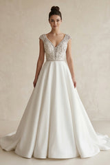 A-Line V-Neck Long White Wedding Dress with Silver Beads – Wedding Dresses by KissProm | Available at KissProm