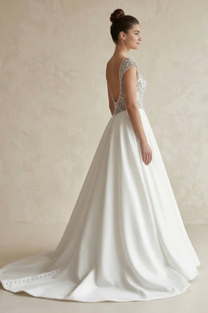 A-Line V-Neck Long White Wedding Dress with Silver Beads – Wedding Dresses by KissProm | Available at KissProm