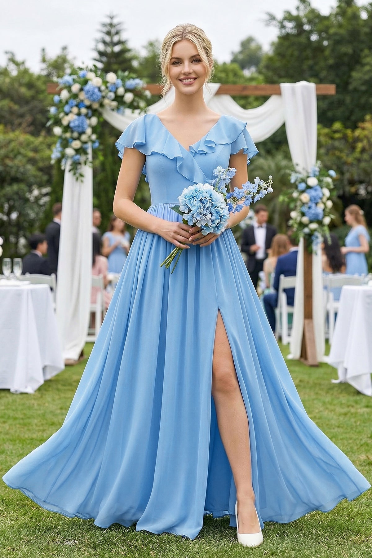 steel blue chiffon bridesmaid dresses Chiffon Split Bridesmaid Dresses Ruffles Neckline – Lisposa main image 1