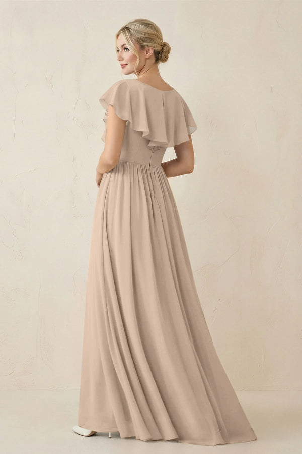 Cap Sleeve A-Line Ruffled Chiffon Bridesmaid Dress in Almond - KissProm BRIDESMAID DRESSES