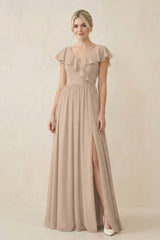 Cap Sleeve A-Line Ruffled Chiffon Bridesmaid Dress in Almond - KissProm BRIDESMAID DRESSES