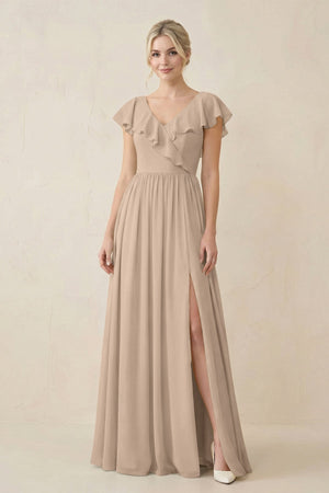 Cap Sleeve A-Line Ruffled Chiffon Bridesmaid Dress in Almond - KissProm BRIDESMAID DRESSES