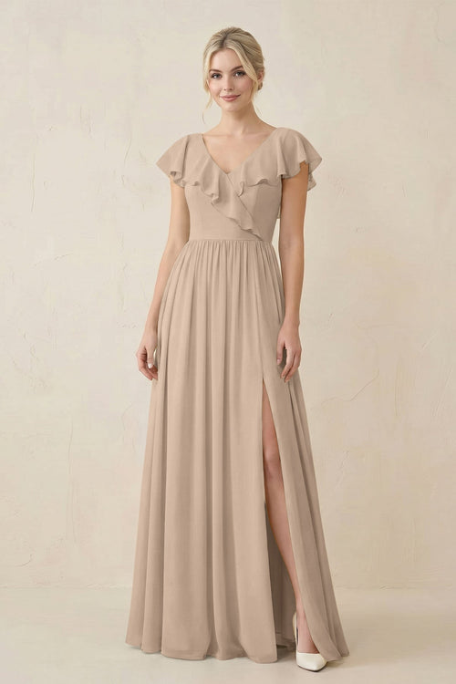 Cap Sleeve A-Line Ruffled Chiffon Bridesmaid Dress in Almond - KissProm BRIDESMAID DRESSES