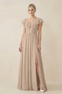 Cap Sleeve A-Line Ruffled Chiffon Bridesmaid Dress in Almond - KissProm BRIDESMAID DRESSES