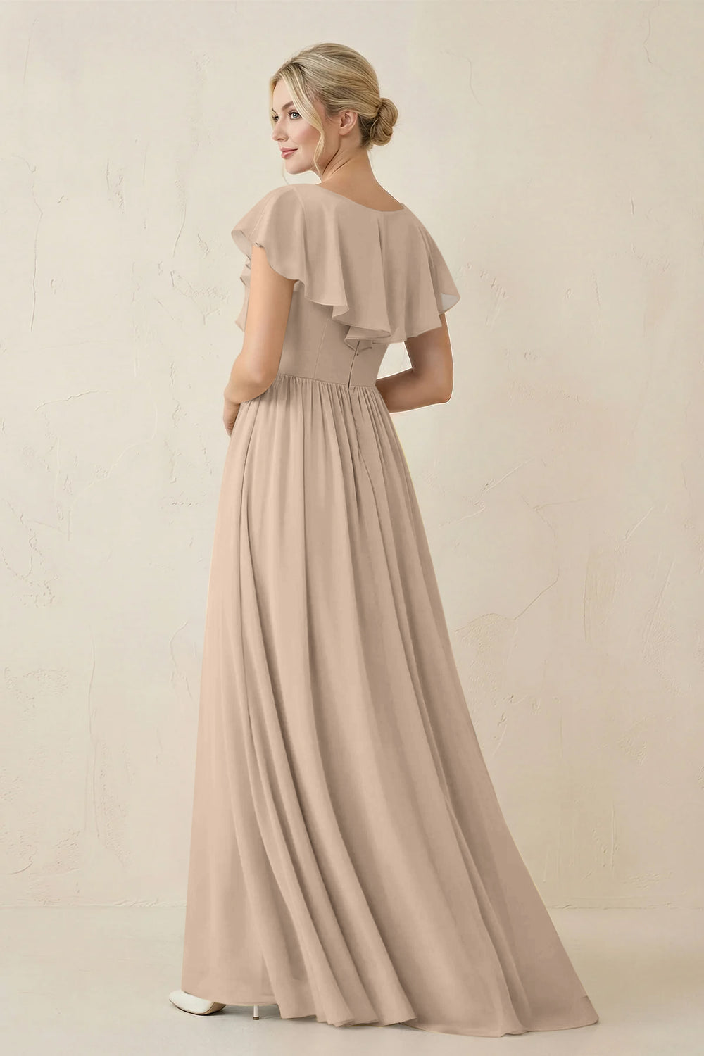 Cap Sleeve A-Line Ruffled Chiffon Bridesmaid Dress in Almond - KissProm BRIDESMAID DRESSES
