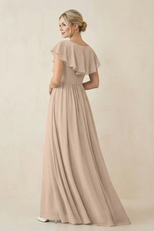 Cap Sleeve A-Line Ruffled Chiffon Bridesmaid Dress in Almond - KissProm BRIDESMAID DRESSES