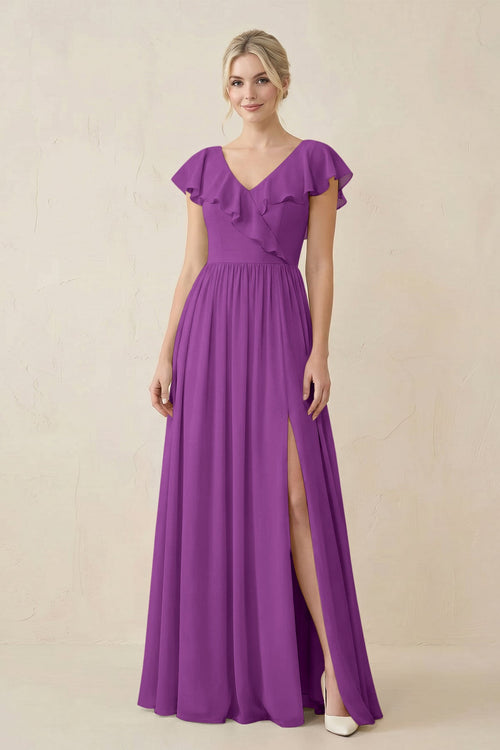 Cap Sleeve A-Line Ruffled Chiffon Bridesmaid Dress in Amethyst - KissProm BRIDESMAID DRESSES