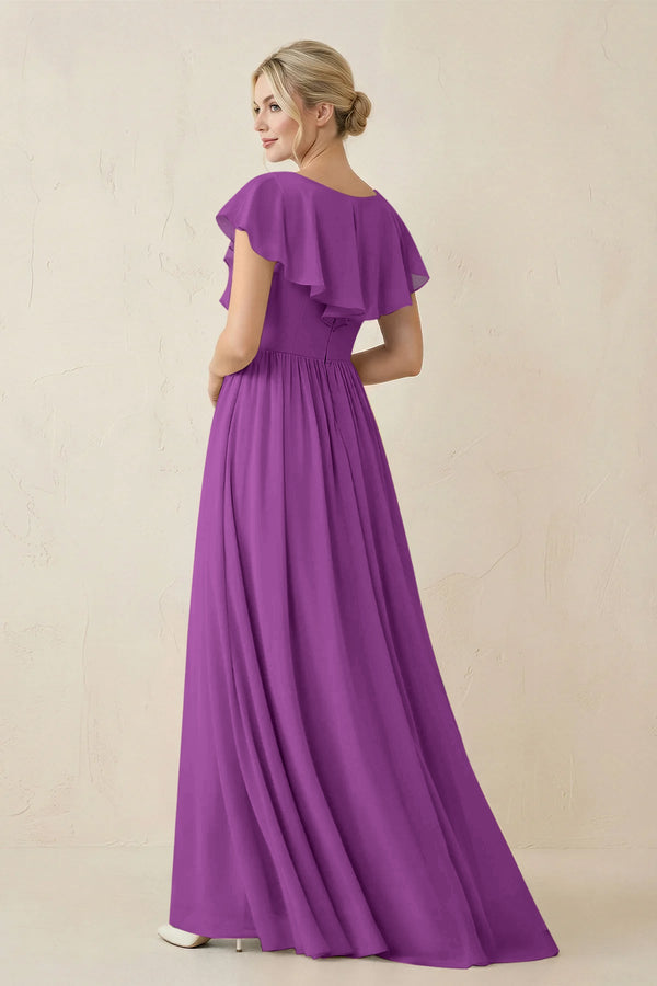 Cap Sleeve A-Line Ruffled Chiffon Bridesmaid Dress in Amethyst - KissProm BRIDESMAID DRESSES