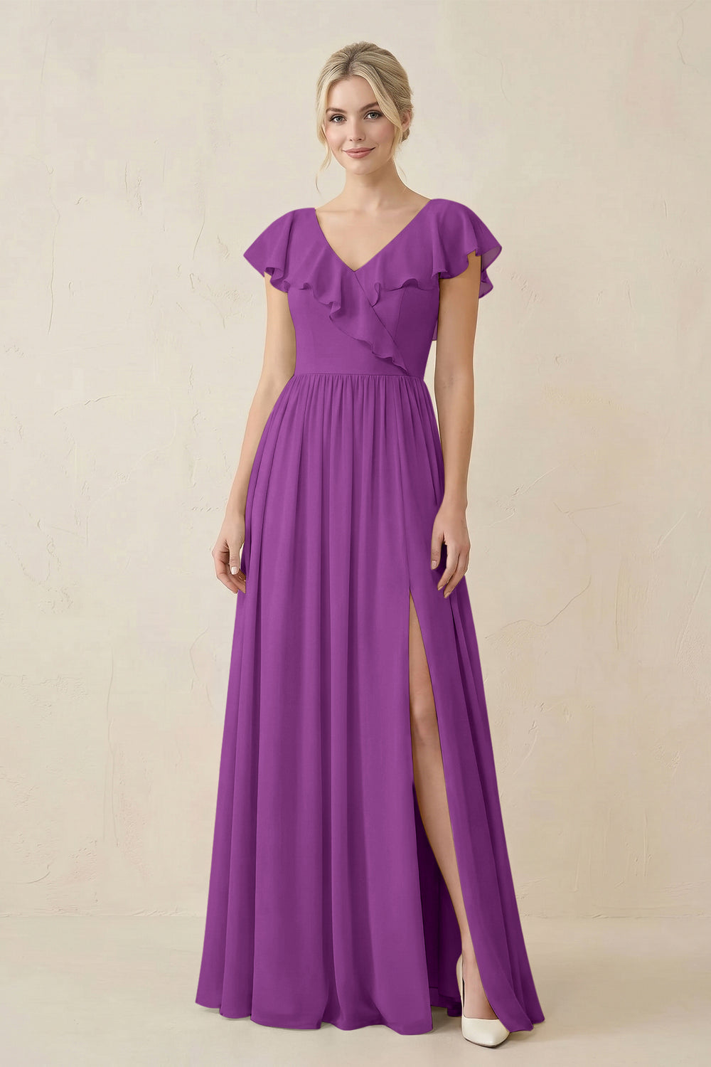 Cap Sleeve A-Line Ruffled Chiffon Bridesmaid Dress in Amethyst - KissProm BRIDESMAID DRESSES