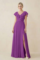 Cap Sleeve A-Line Ruffled Chiffon Bridesmaid Dress in Amethyst - KissProm BRIDESMAID DRESSES