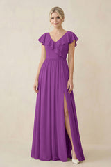 Cap Sleeve A-Line Ruffled Chiffon Bridesmaid Dress in Amethyst - KissProm BRIDESMAID DRESSES