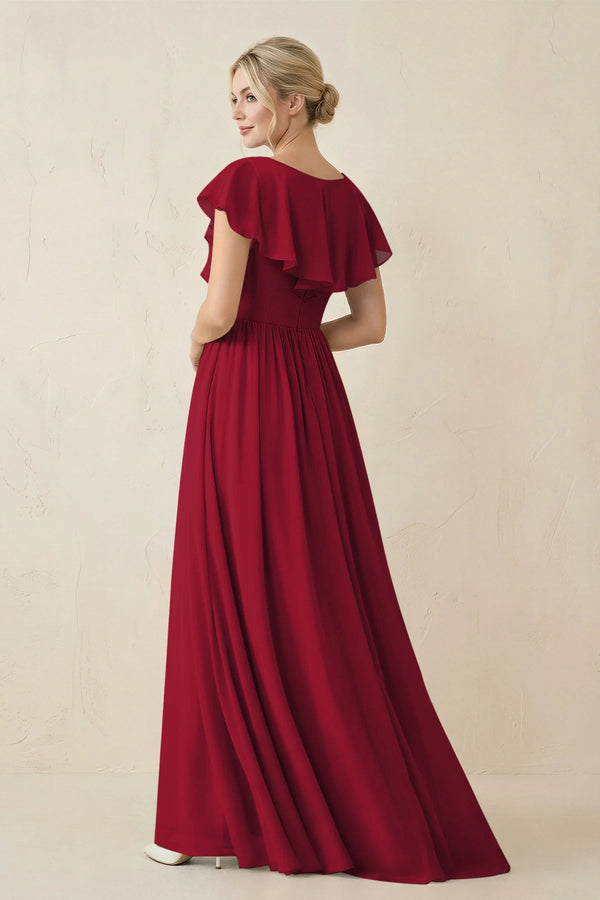 Cap Sleeve A-Line Ruffled Chiffon Bridesmaid Dress in Berry - KissProm BRIDESMAID DRESSES