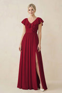 Cap Sleeve A-Line Ruffled Chiffon Bridesmaid Dress in Berry - KissProm BRIDESMAID DRESSES