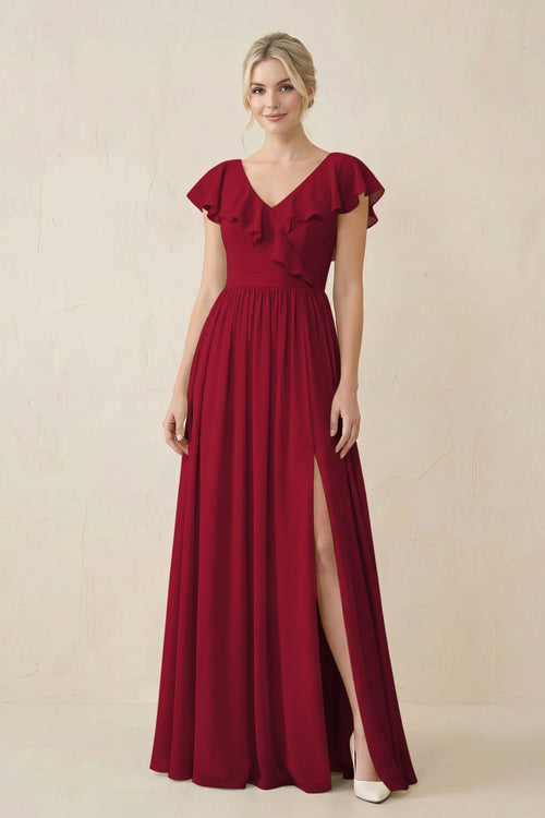 Cap Sleeve A-Line Ruffled Chiffon Bridesmaid Dress in Berry - KissProm BRIDESMAID DRESSES