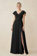 Cap Sleeve A-Line Ruffled Chiffon Bridesmaid Dress in Black - KissProm BRIDESMAID DRESSES