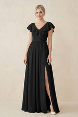 Cap Sleeve A-Line Ruffled Chiffon Bridesmaid Dress in Black - KissProm BRIDESMAID DRESSES
