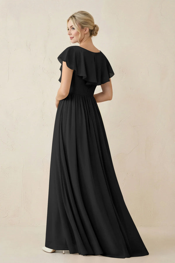 Cap Sleeve A-Line Ruffled Chiffon Bridesmaid Dress in Black - KissProm BRIDESMAID DRESSES
