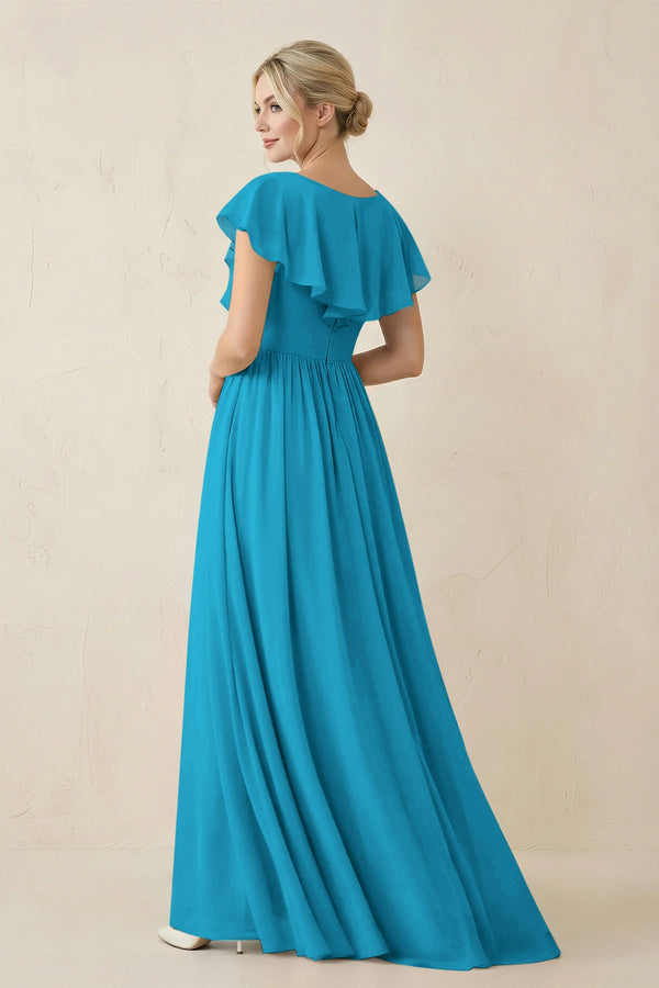 Cap Sleeve A-Line Ruffled Chiffon Bridesmaid Dress in Blue Jay - KissProm BRIDESMAID DRESSES