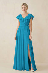 Cap Sleeve A-Line Ruffled Chiffon Bridesmaid Dress in Blue Jay - KissProm BRIDESMAID DRESSES