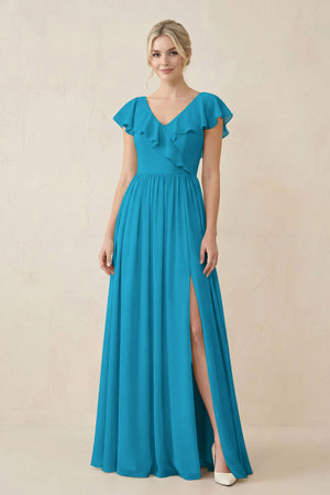 Cap Sleeve A-Line Ruffled Chiffon Bridesmaid Dress in Blue Jay - KissProm BRIDESMAID DRESSES