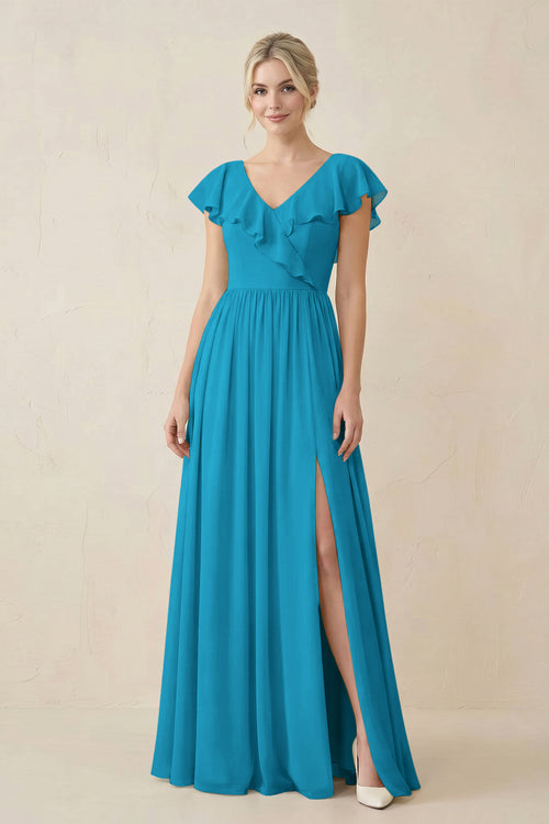 Cap Sleeve A-Line Ruffled Chiffon Bridesmaid Dress in Blue Jay - KissProm BRIDESMAID DRESSES
