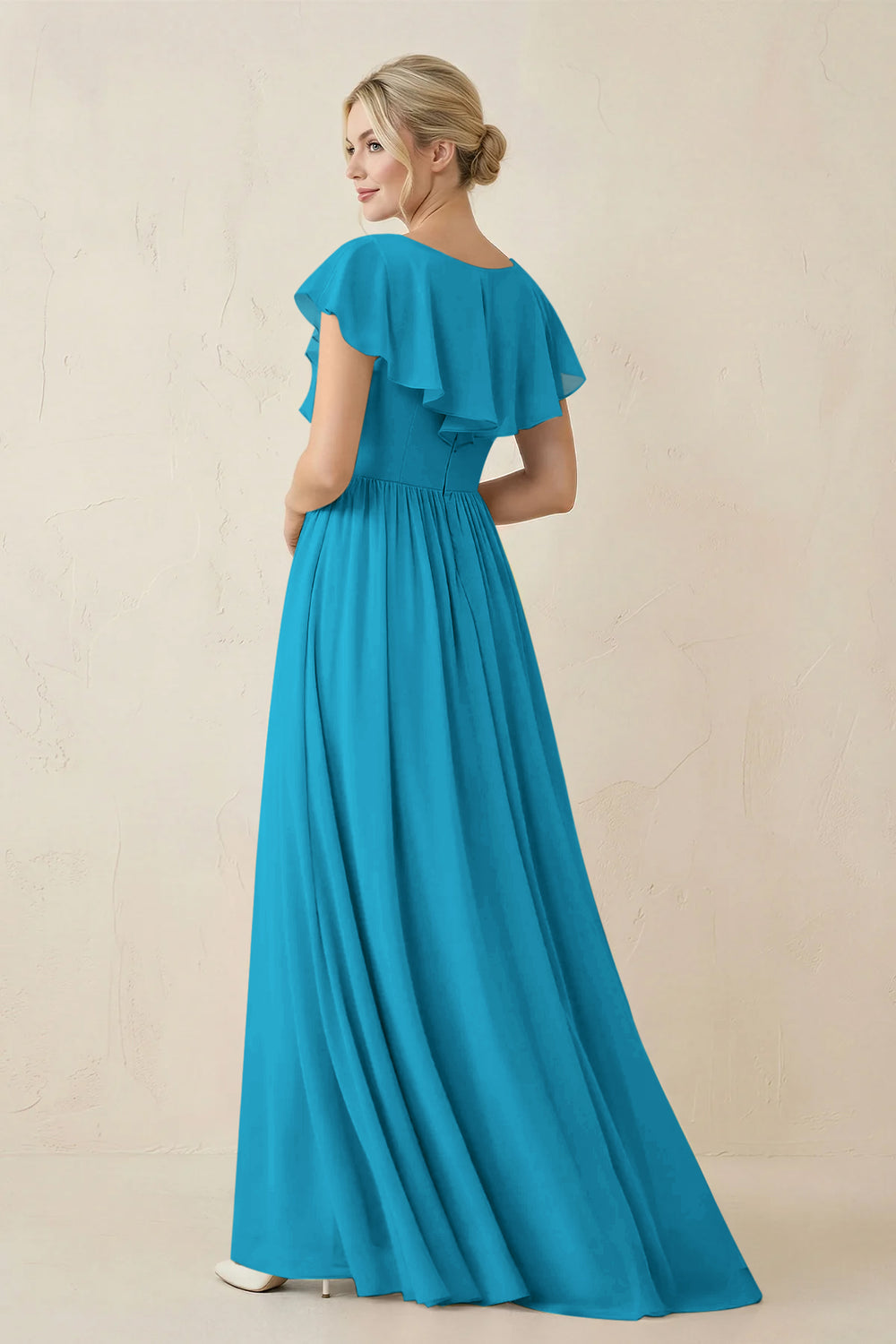 Cap Sleeve A-Line Ruffled Chiffon Bridesmaid Dress in Blue Jay - KissProm BRIDESMAID DRESSES