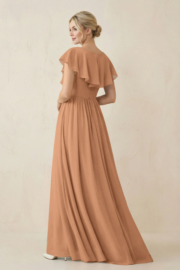 Cap Sleeve A-Line Ruffled Chiffon Bridesmaid Dress in Bronzer - KissProm BRIDESMAID DRESSES