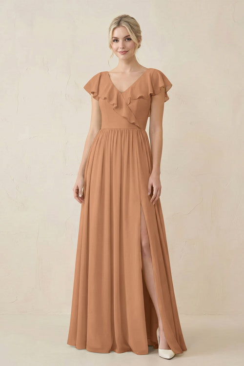 Cap Sleeve A-Line Ruffled Chiffon Bridesmaid Dress in Bronzer - KissProm BRIDESMAID DRESSES