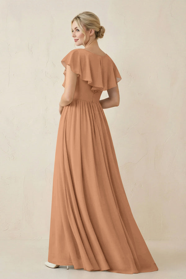 Cap Sleeve A-Line Ruffled Chiffon Bridesmaid Dress in Bronzer - KissProm BRIDESMAID DRESSES