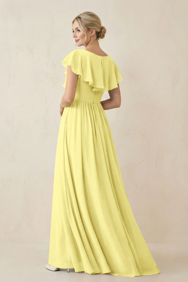 Cap Sleeve A-Line Ruffled Chiffon Bridesmaid Dress in Buttercup - KissProm BRIDESMAID DRESSES